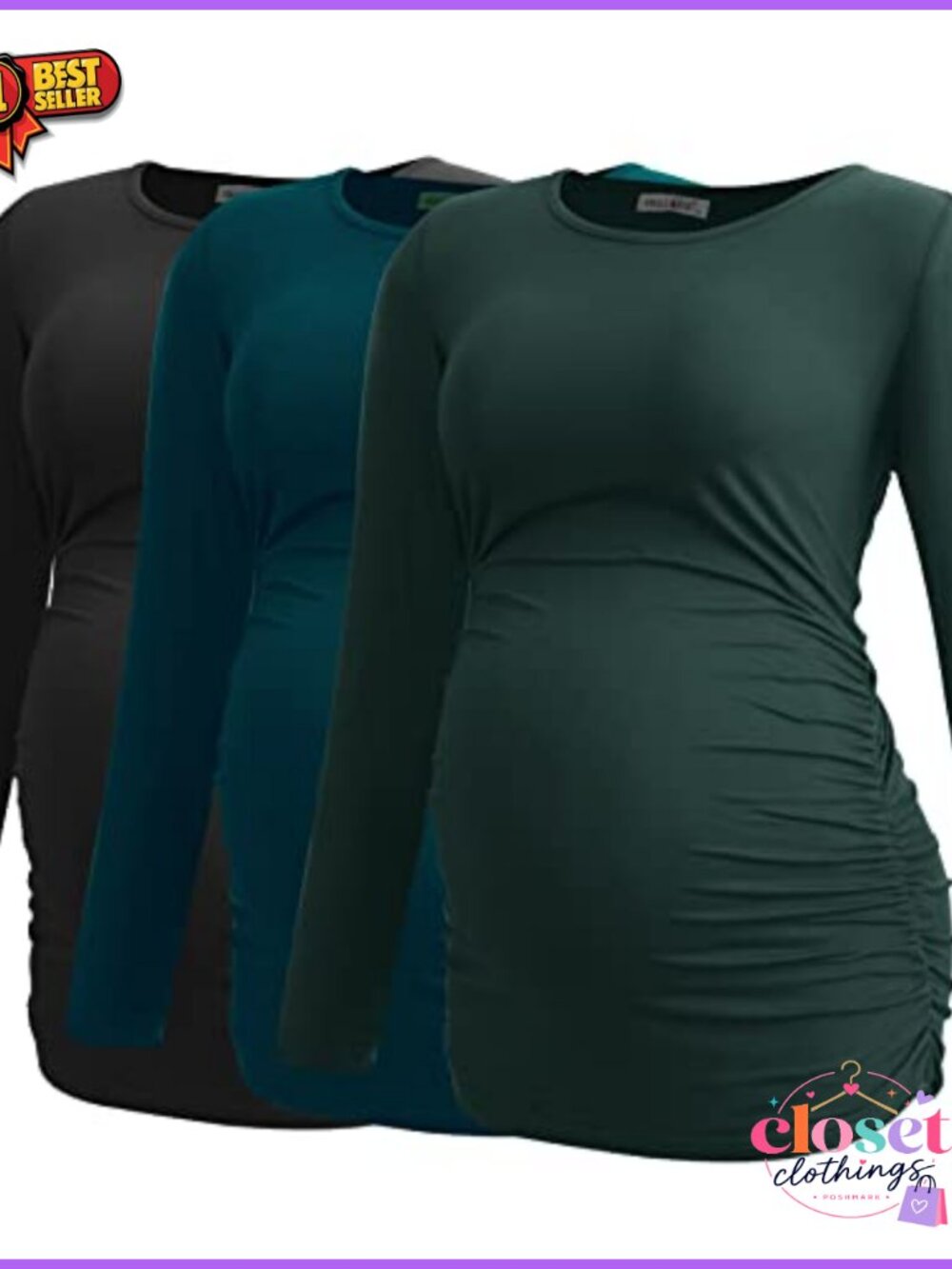 Maternity Long Sleeve Tunic Tops 3-Pack Rayon Spandex Stretch Pregnancy Tees